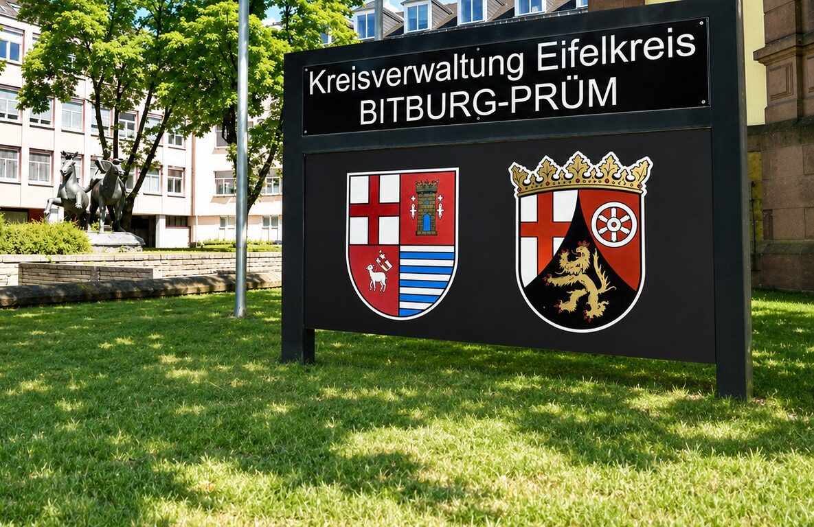Schild der Kreisverwaltung Eifelkreis Bitburg-Prüm mit den Wappen des Kreises und von Rheinland-Pfalz.
